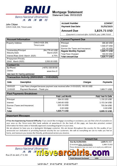 Timor-Leste BNU bank mortgage statement
